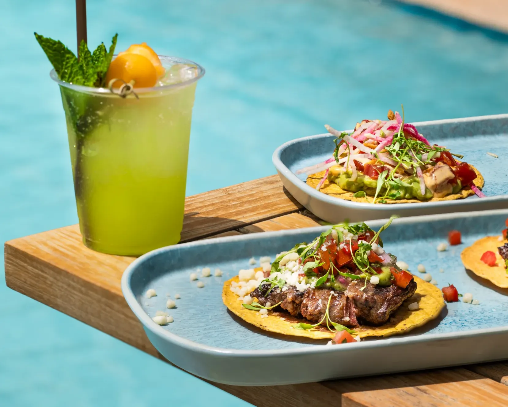 Mint & melon mojito, carne asada tostada, tuna tostada