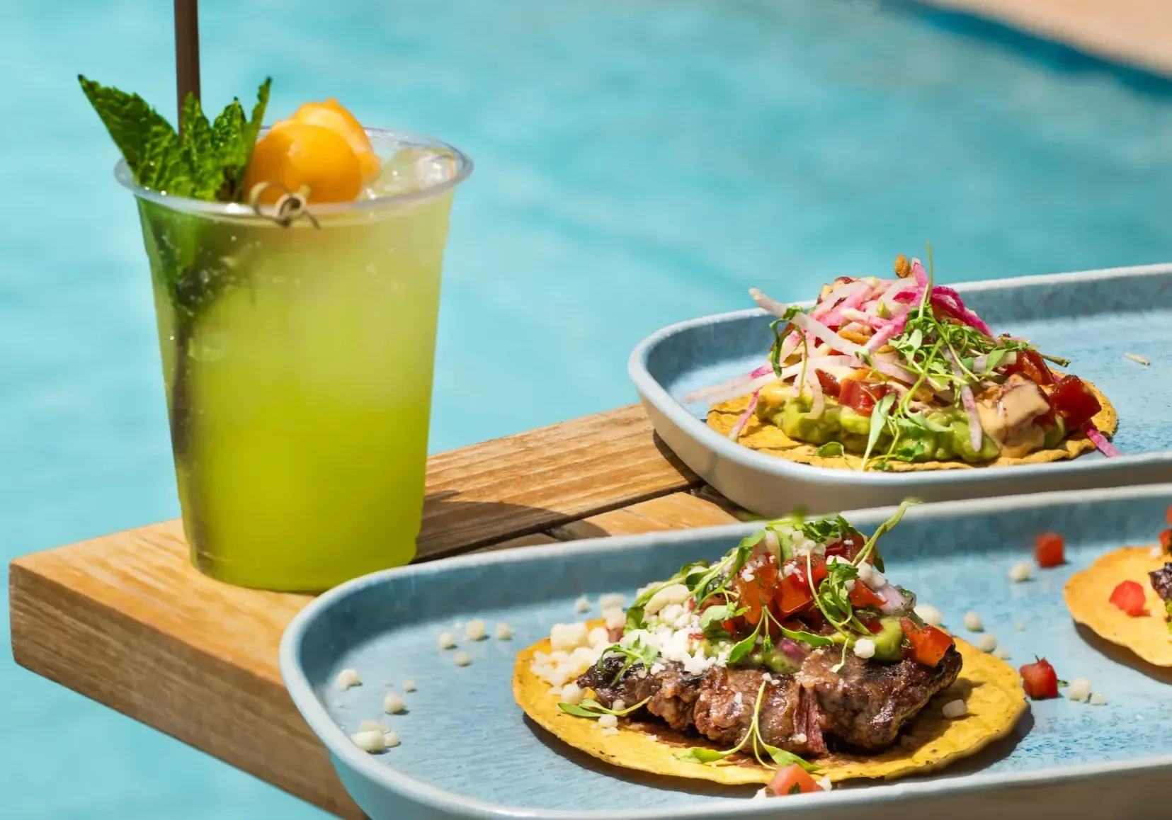 Mint & melon mojito, carne asada tostada, tuna tostada